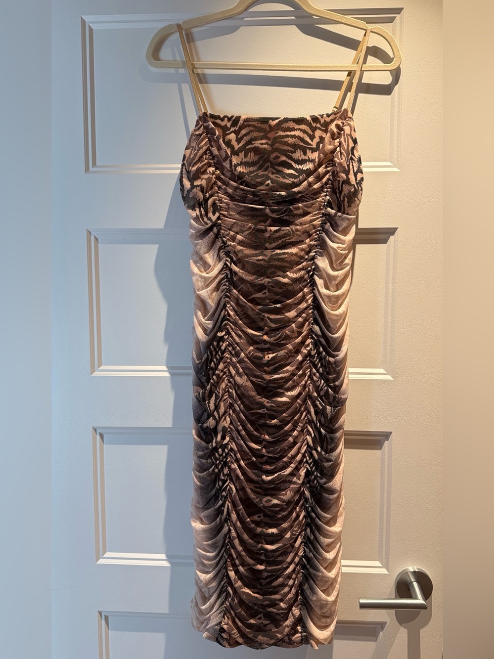 AFRM Ruched Animal-Print Midi Dress in Brown and Cream
